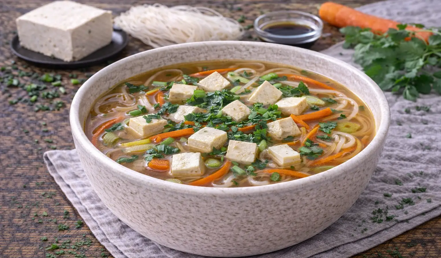 Azjatycka zupa z tofu i makaronem ryżowym