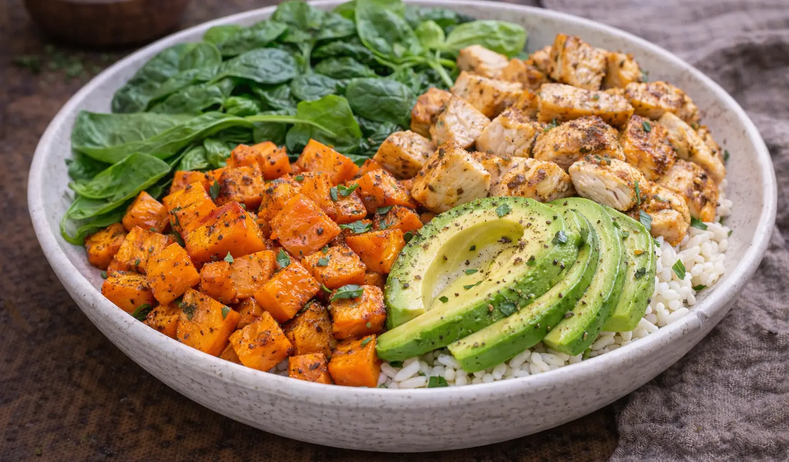 Bowl z kurczakiem i pieczonym batatem