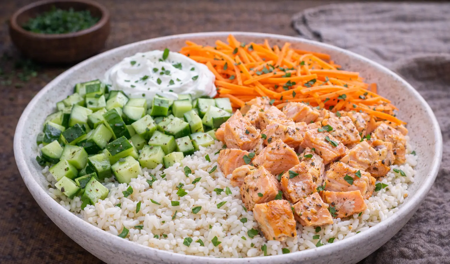 Bowl z łososiem, ryżem i ogórkiem