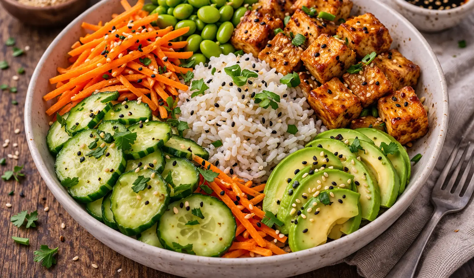 Bowl z tofu, ryżem i warzywami