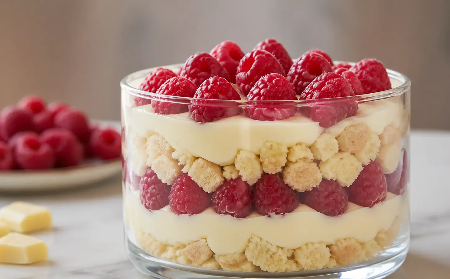 Deser z białą czekoladą i malinami