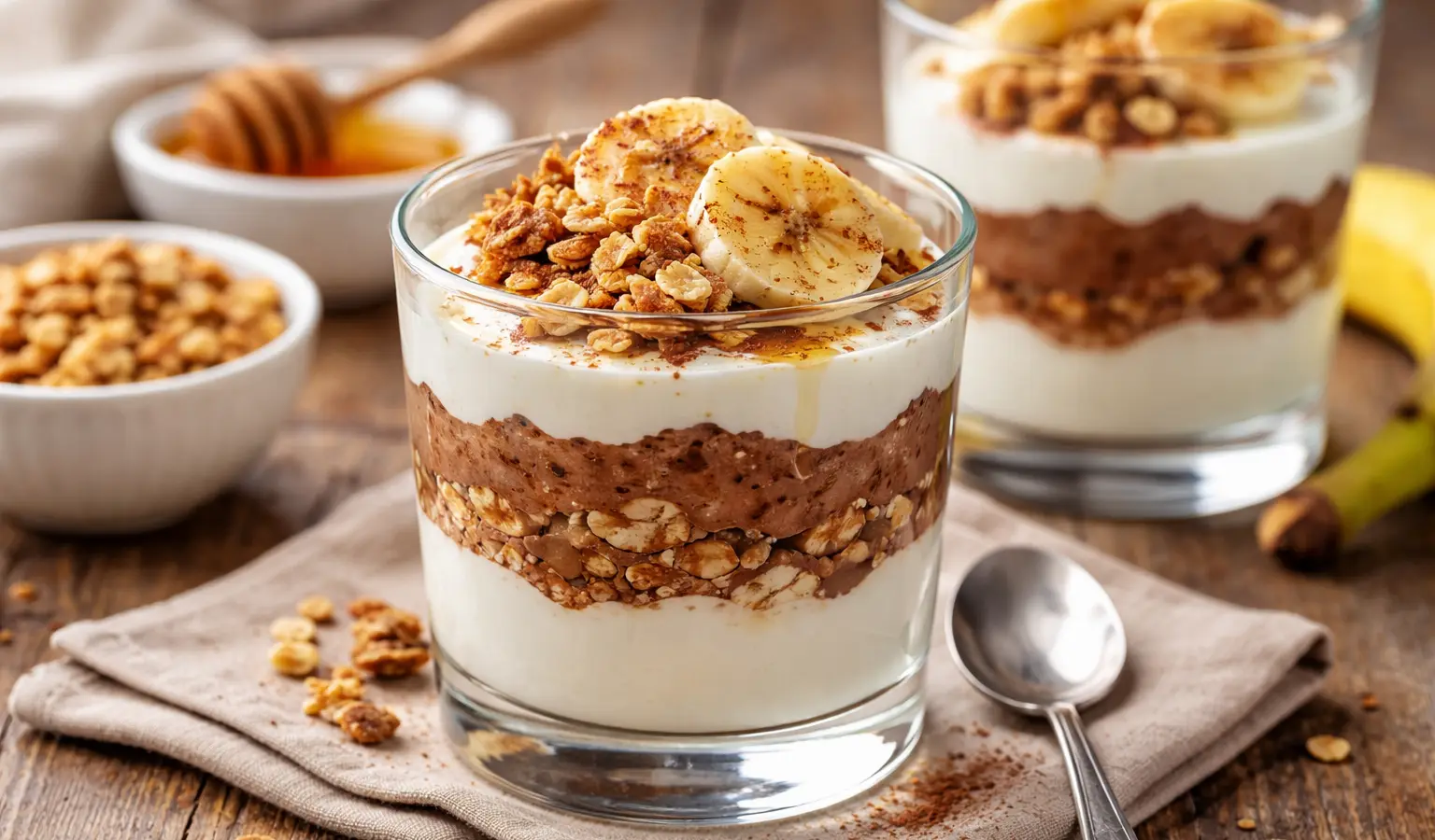 Deser z jogurtem, kakao i bananem