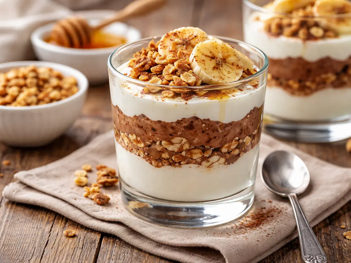 Deser z jogurtem, kakao i bananem