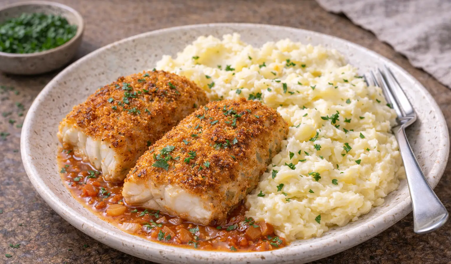 Dorsz panierowany z puree