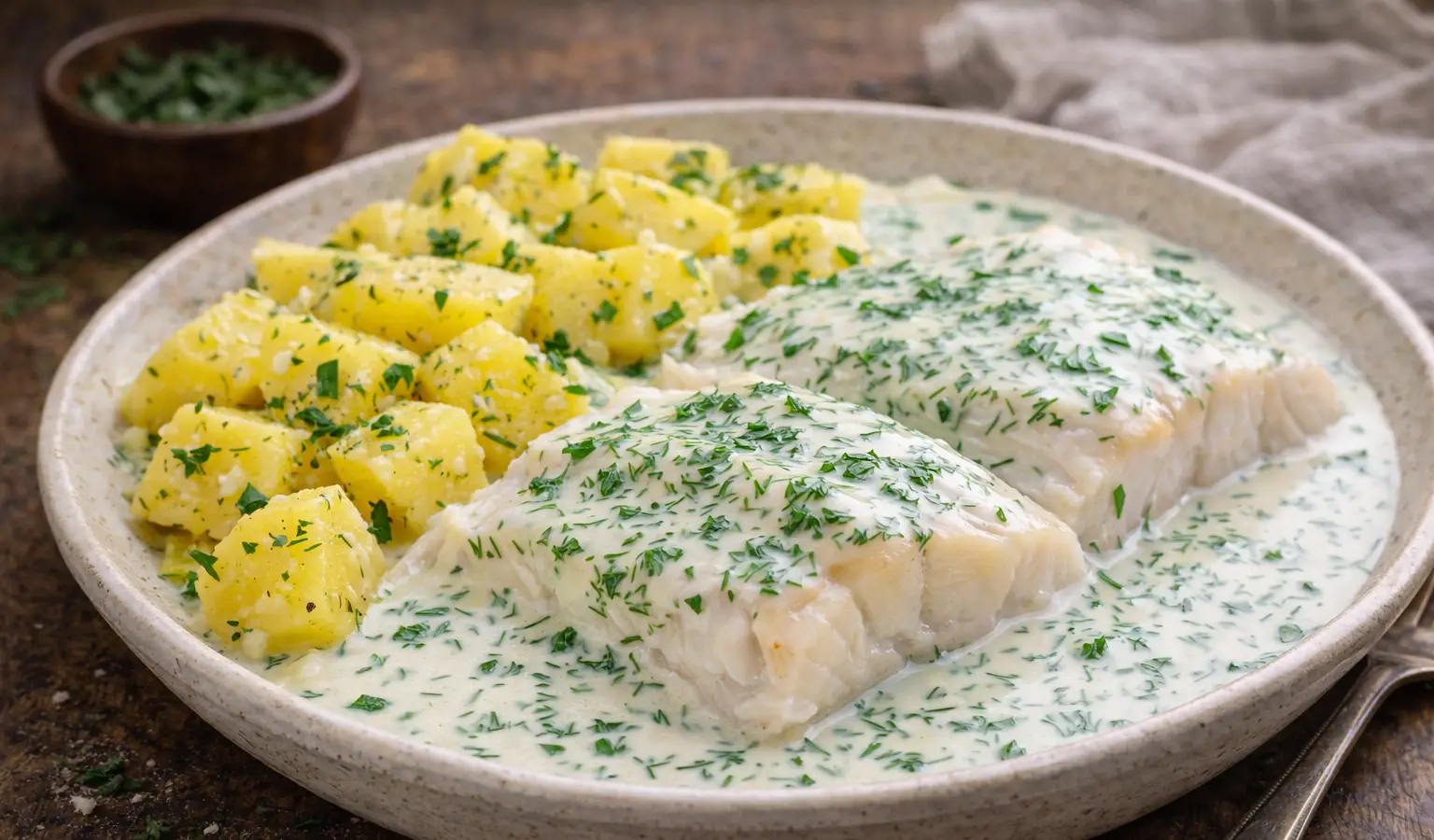 Dorsz z sosem koperkowym