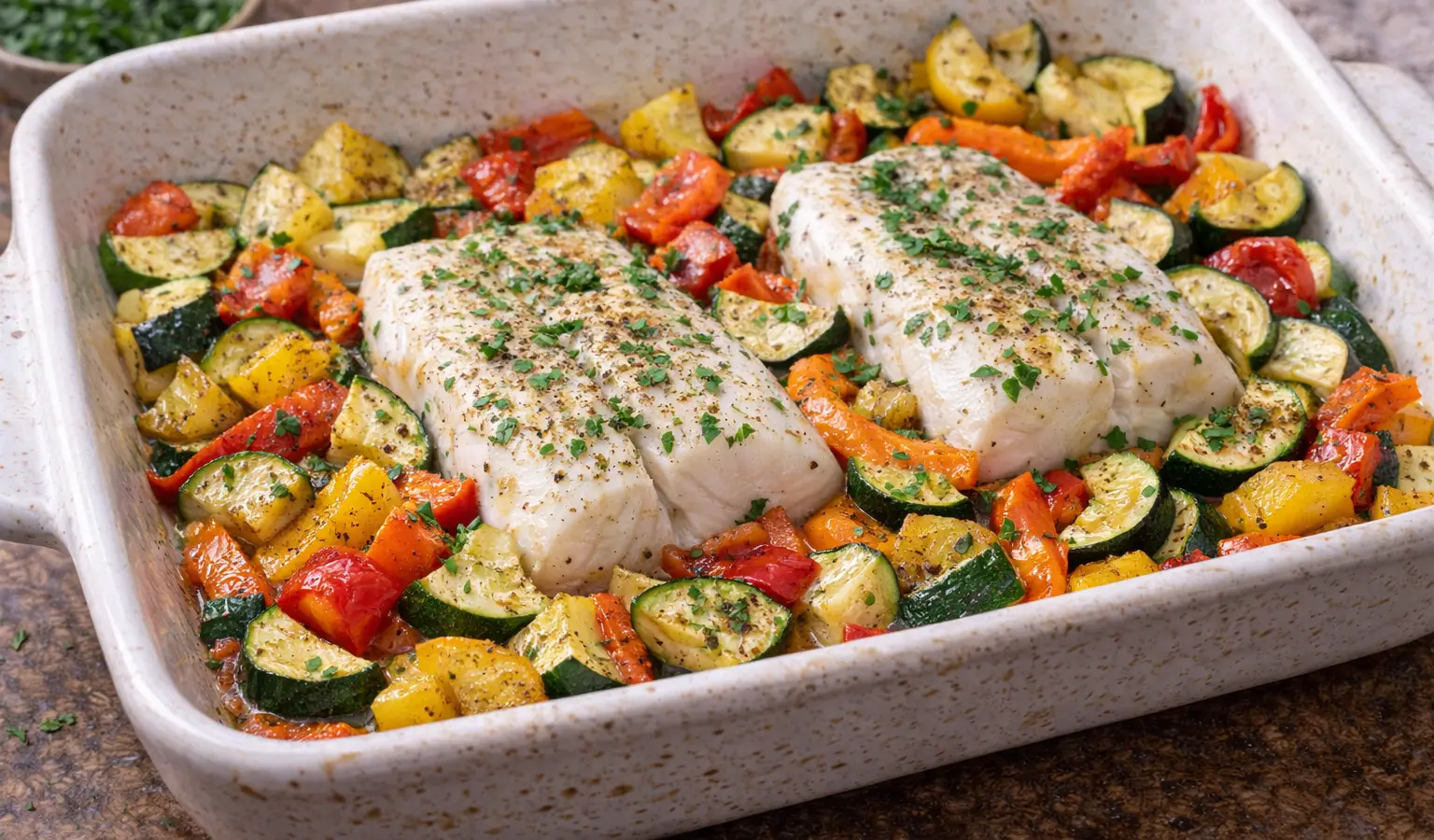 Dorsz z warzywami z piekarnika