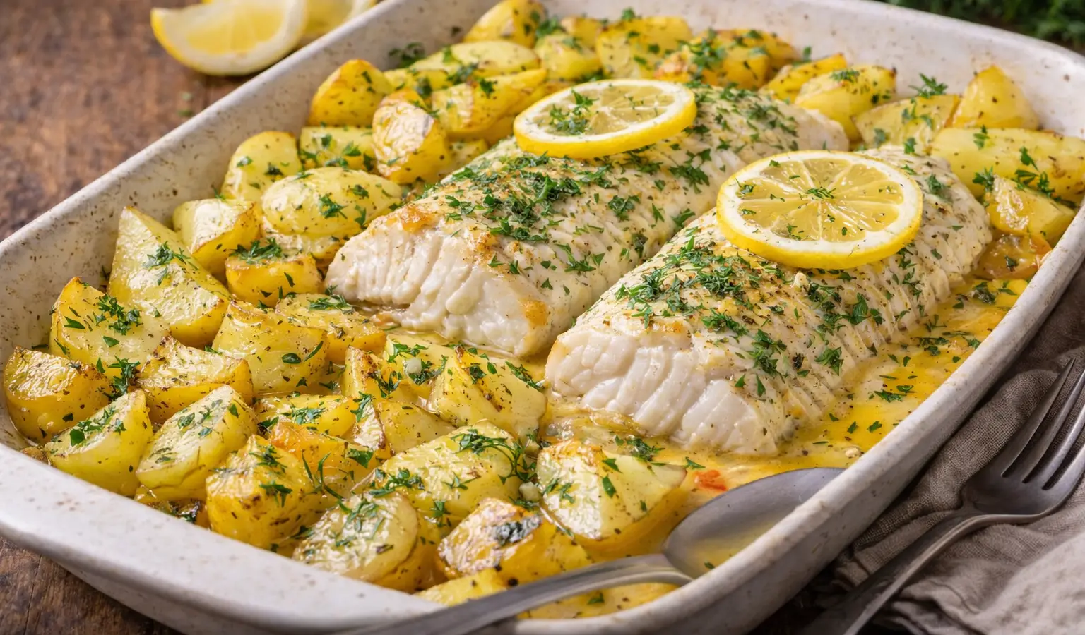 Dorsz pieczony z ziemniakami i koperkiem