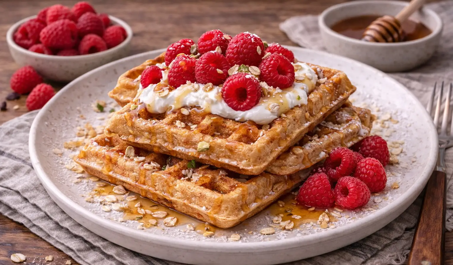 Gofry owsiane z jogurtem i malinami