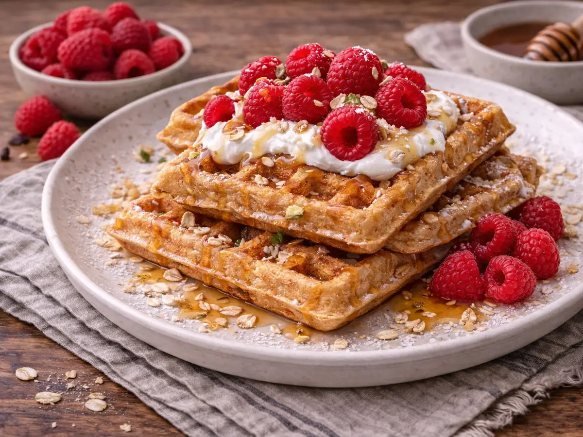 Gofry owsiane z jogurtem i malinami