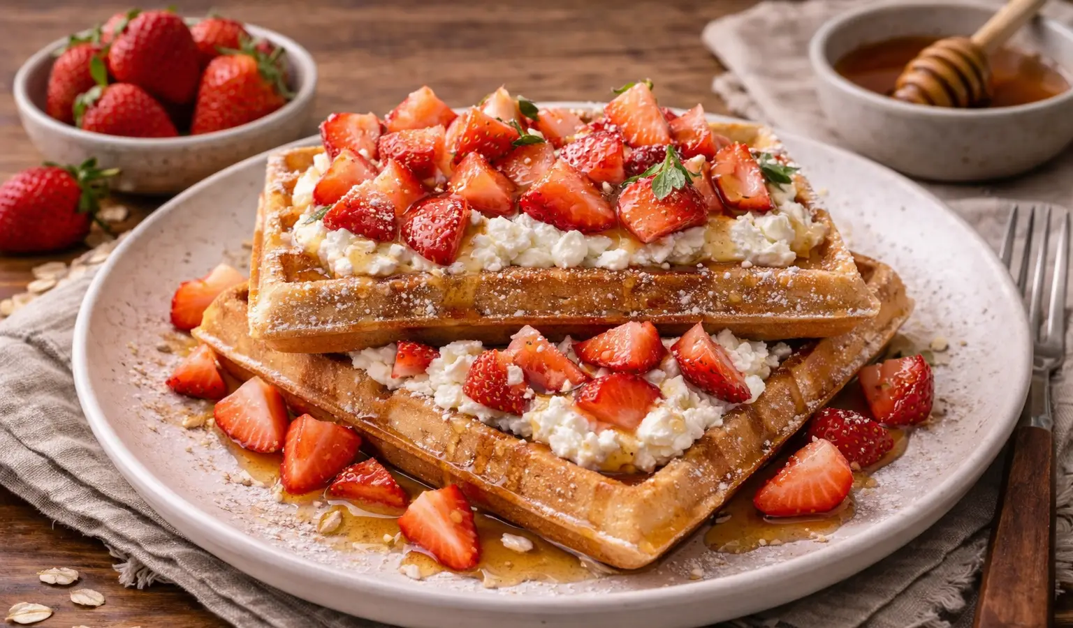 Gofry śniadaniowe z twarożkiem i truskawkami