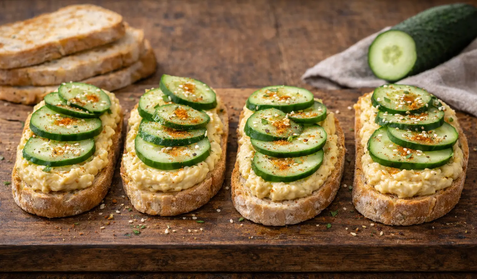 Grzanki z hummusem i ogórkiem