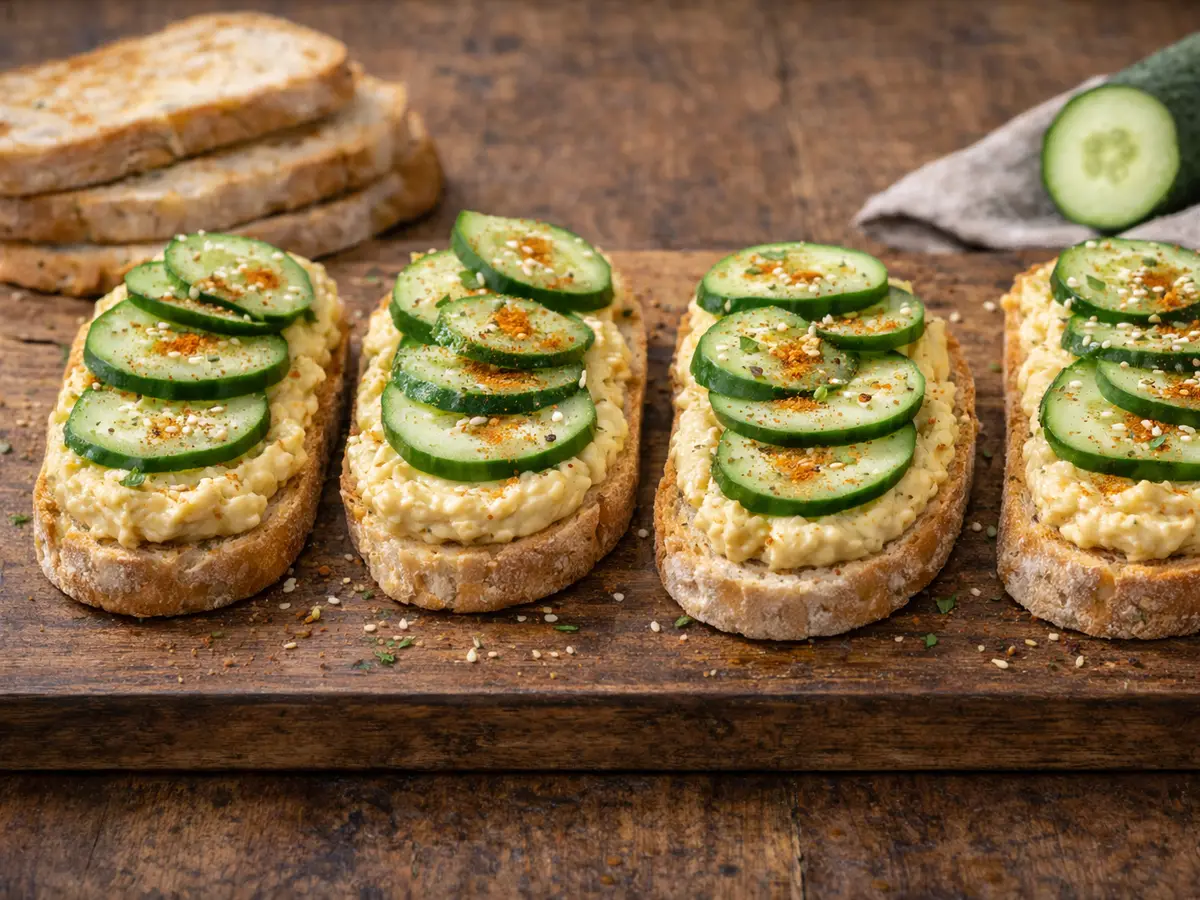 Grzanki z hummusem i ogórkiem