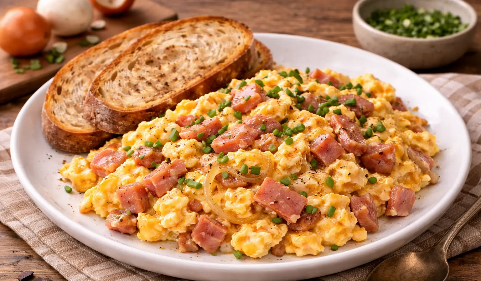 Jajecznica z szynką i cebulką