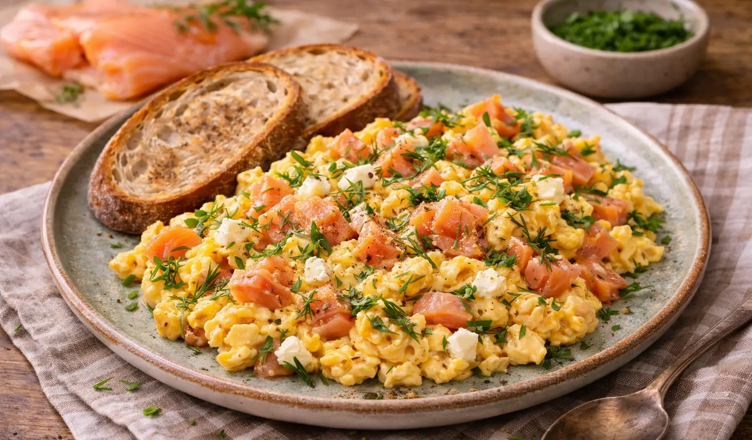Jajecznica z wędzonym łososiem i koperkiem