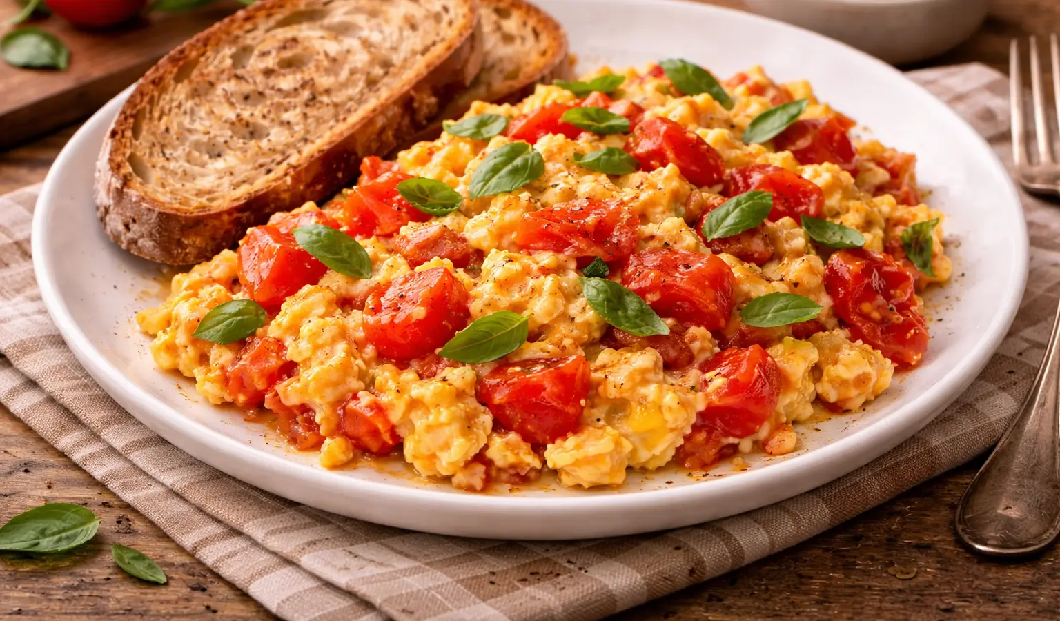 Jajecznica z pomidorami i bazylią