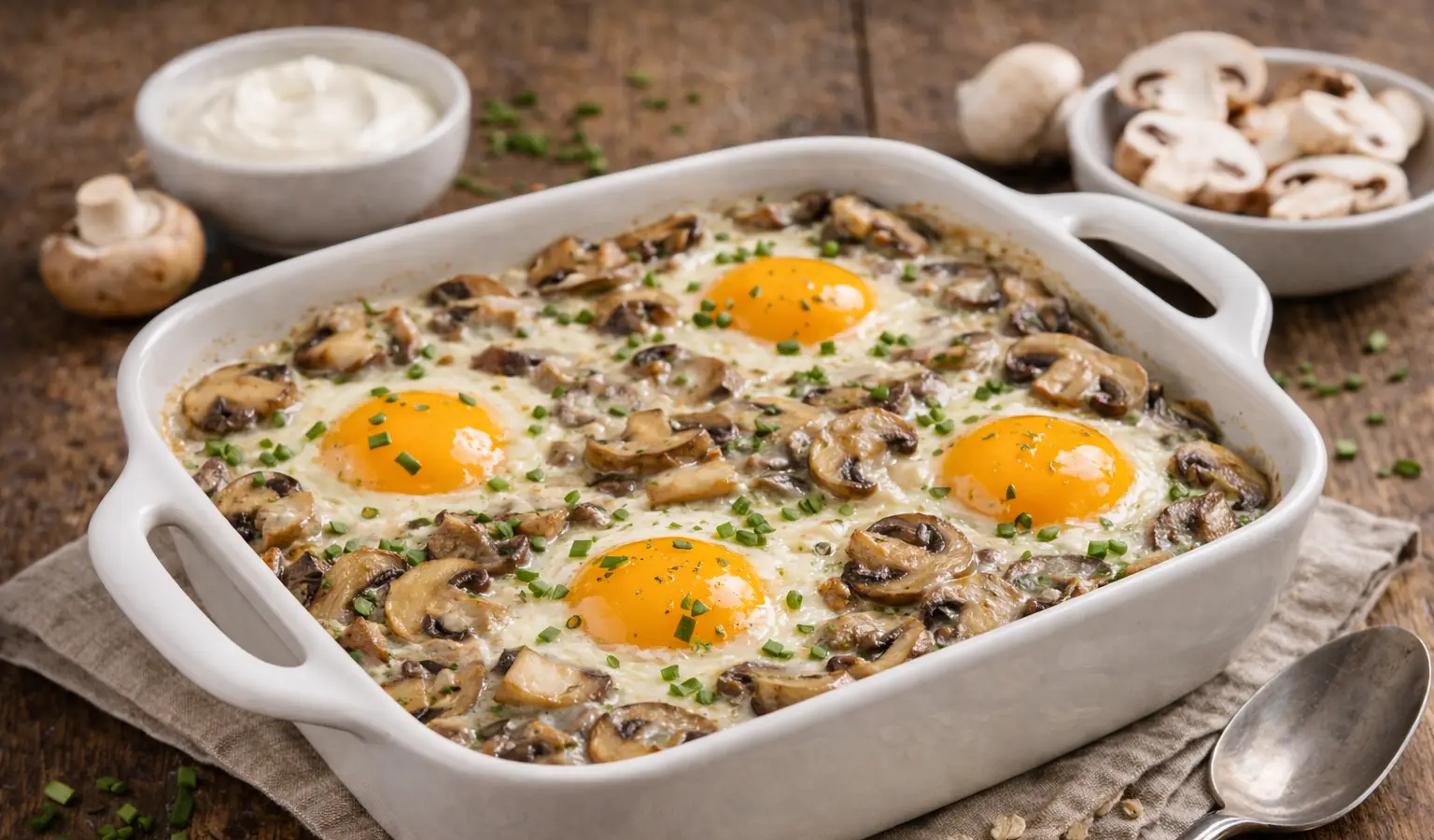 Zapiekane jajka z pieczarkami i śmietaną