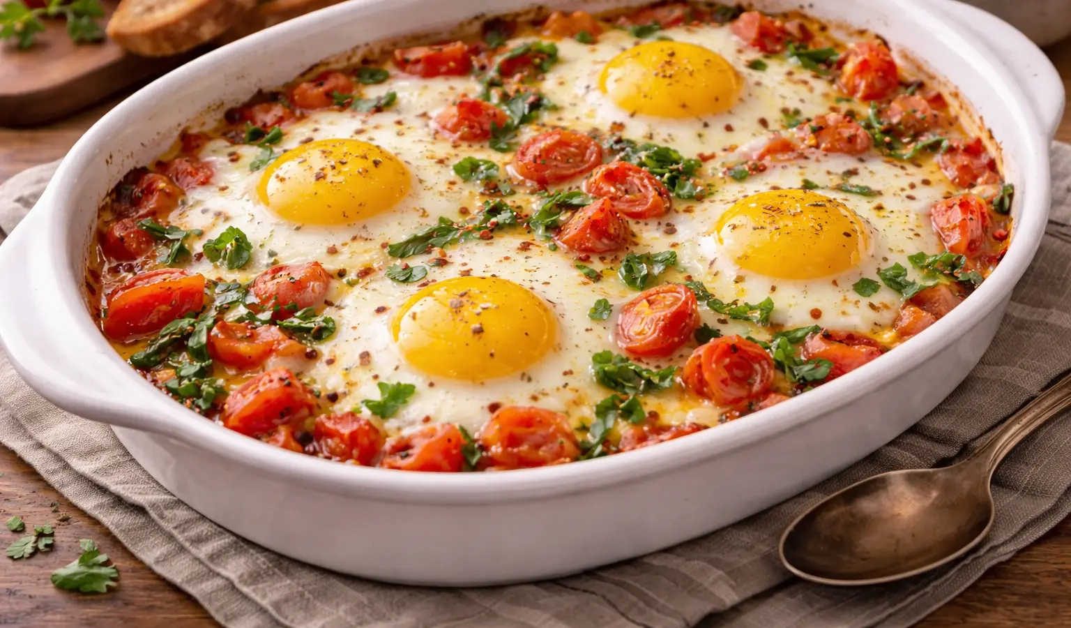 Jajka pieczone z pomidorami i serem