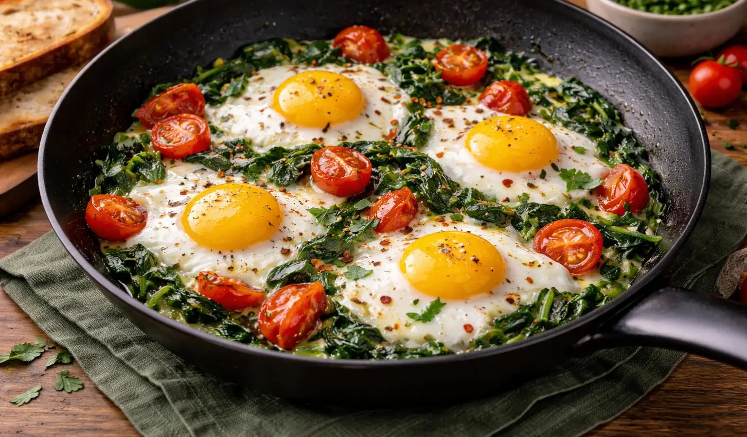 Jajka sadzone ze szpinakiem i pomidorkami