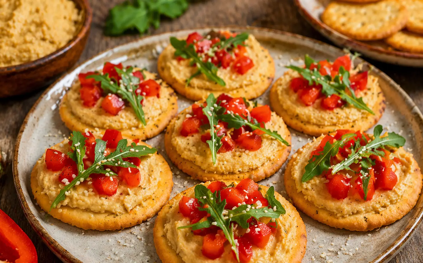 Krakersy z hummusem i papryką