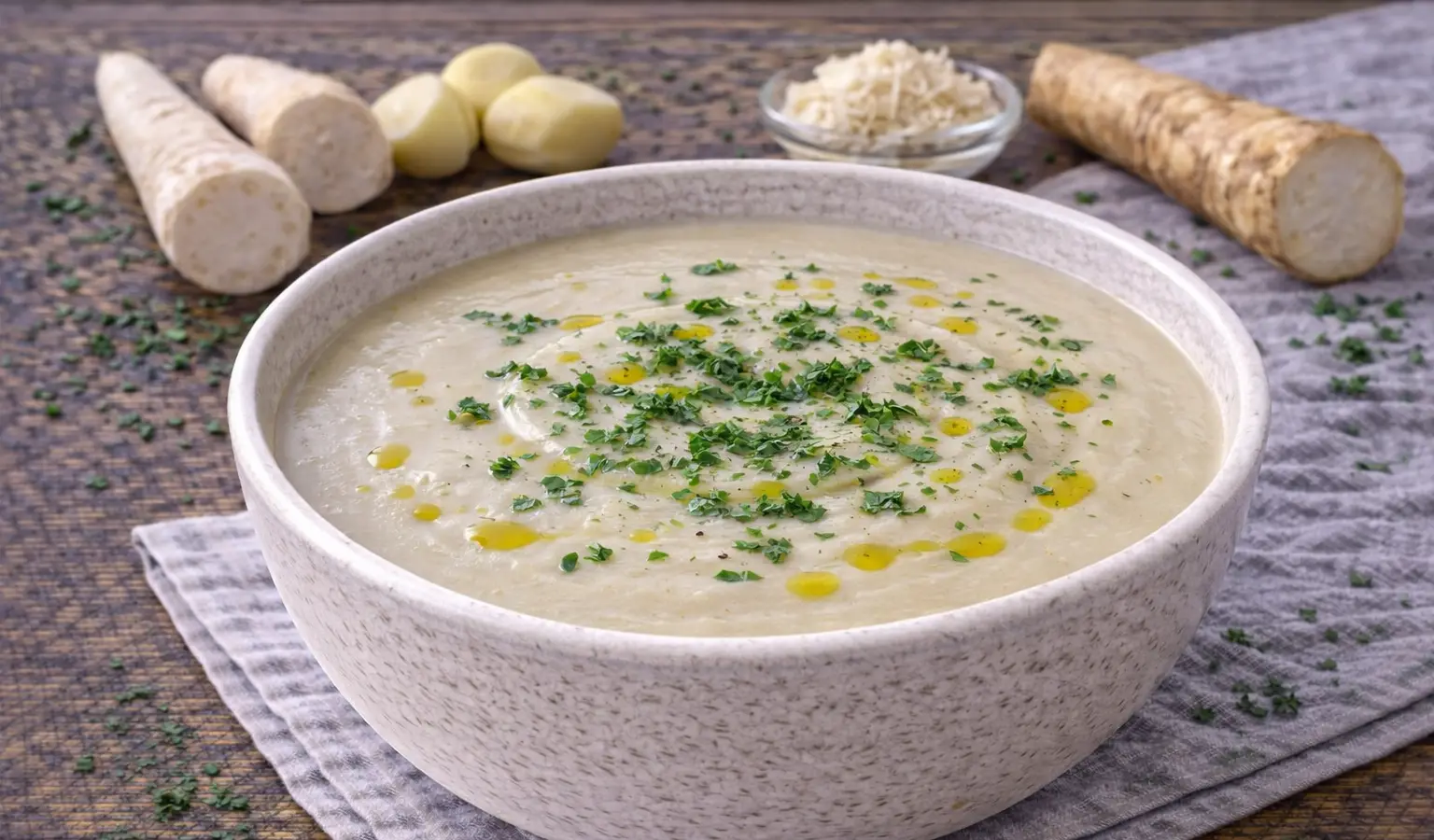 Krem z białych warzyw z chrzanem
