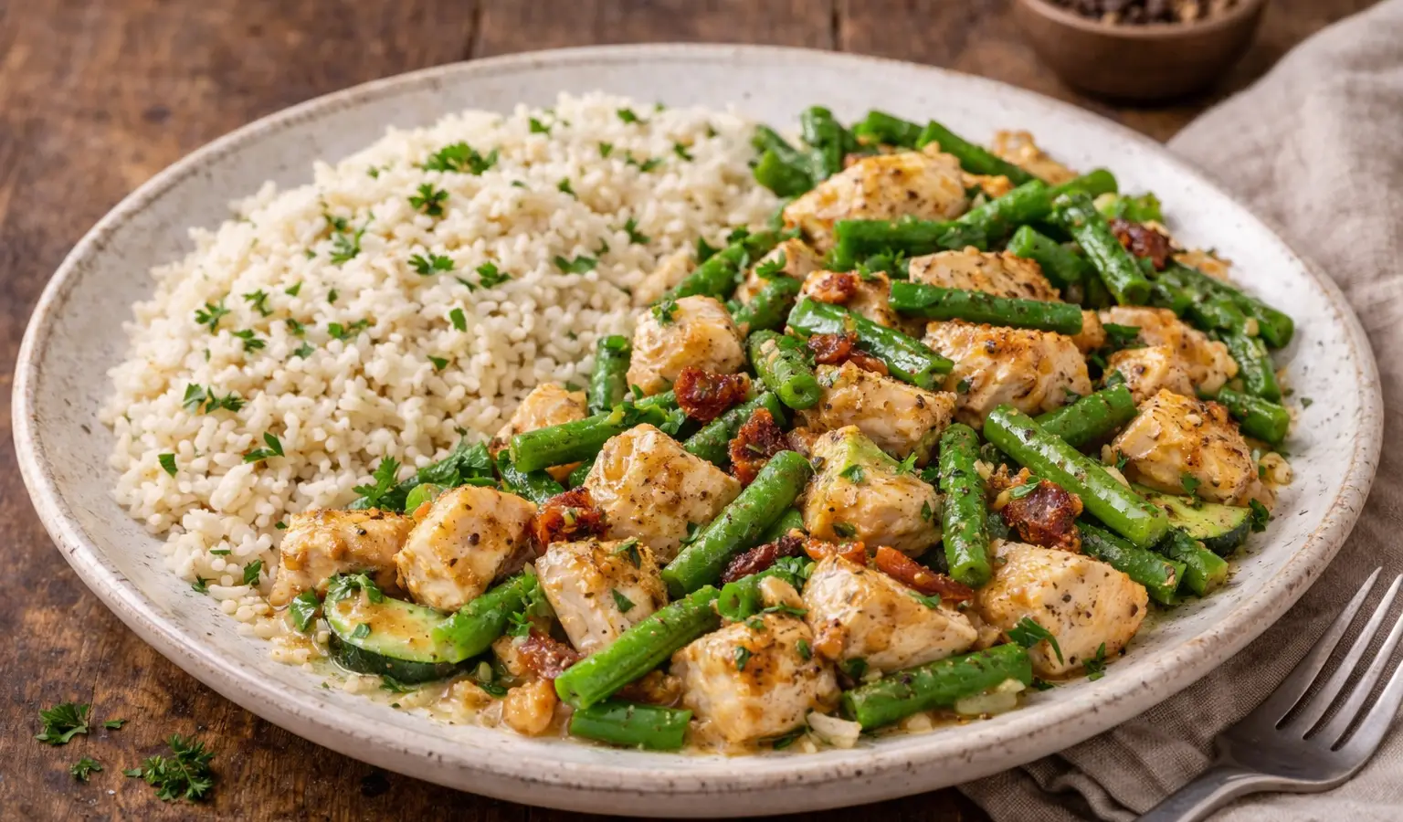 Kurczak z fasolką szparagową i ryżem