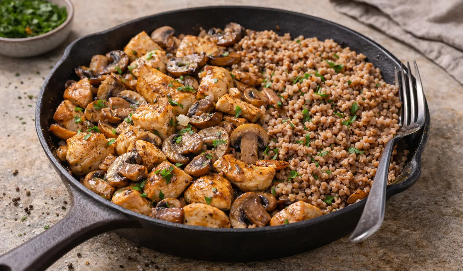 Kurczak z pieczarkami i kaszą