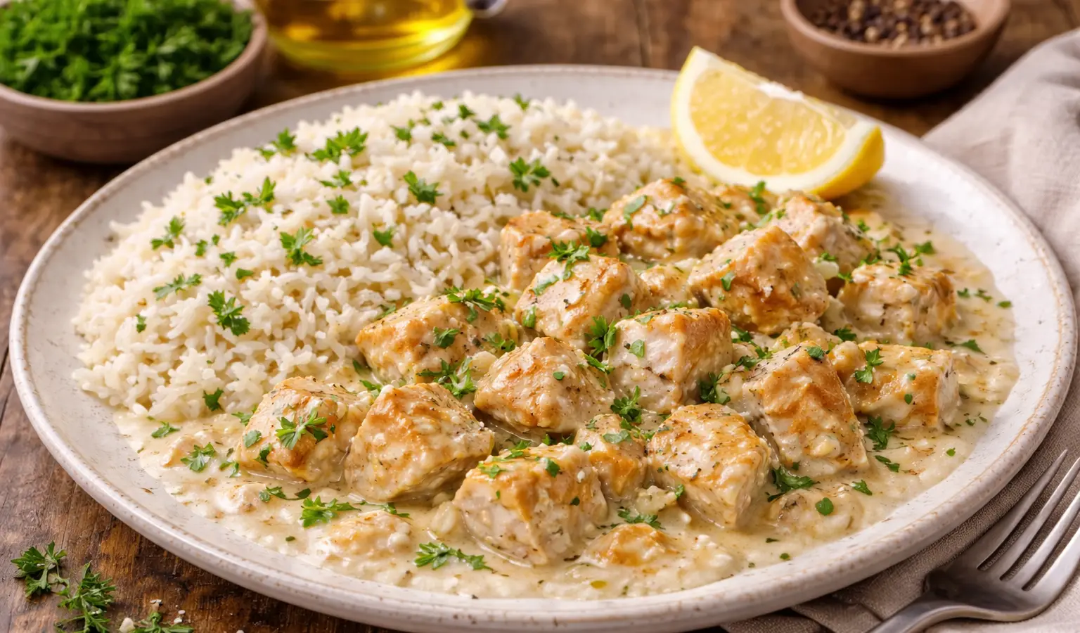 Kurczak w sosie śmietanowym z ryżem