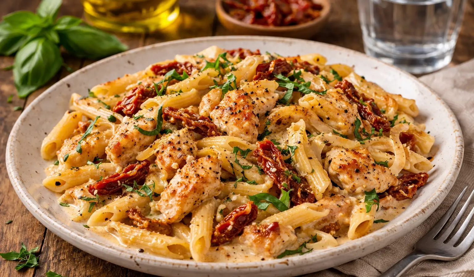Kurczak z suszonymi pomidorami i makaronem