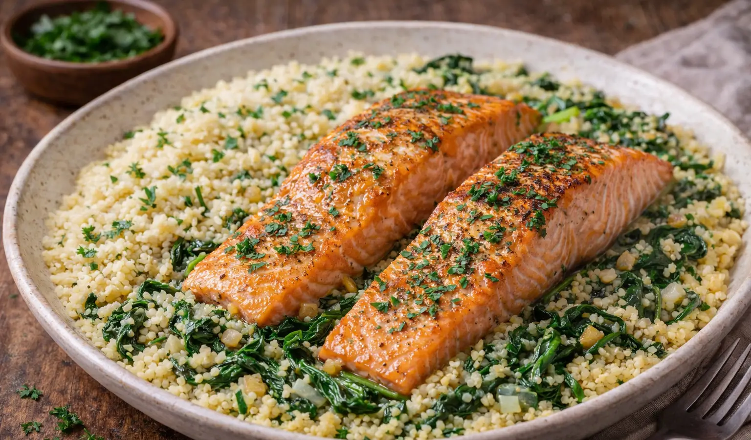 Łosoś z kuskusem i szpinakiem
