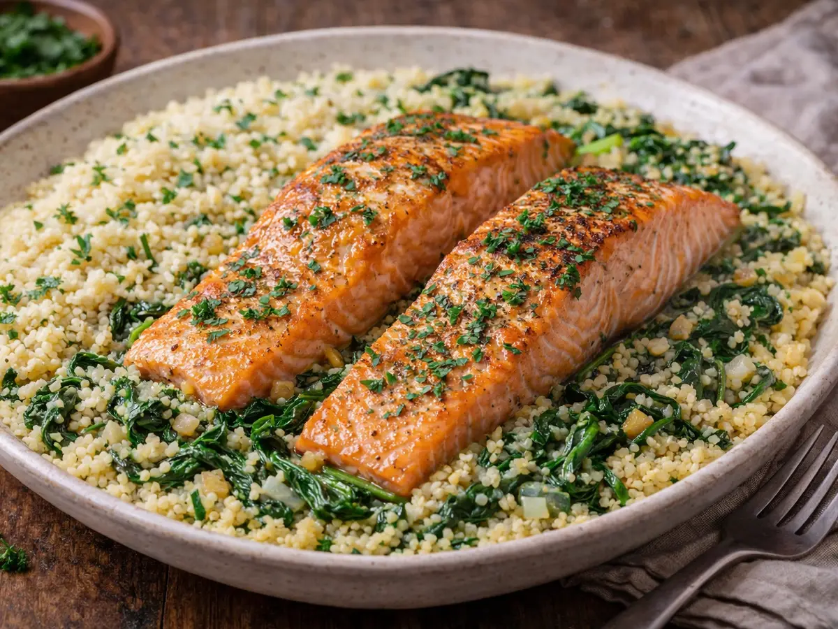 Łosoś z kuskusem i szpinakiem