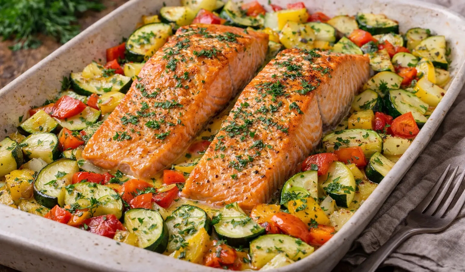 Łosoś z pieczonymi warzywami