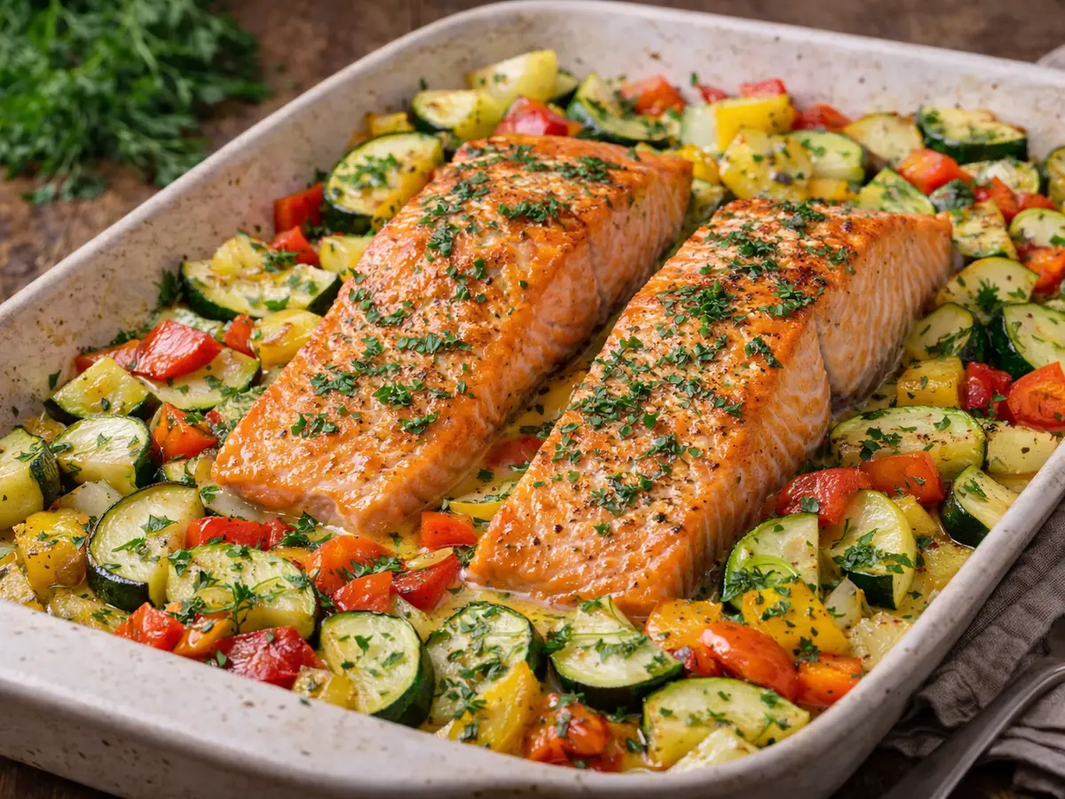 Łosoś z pieczonymi warzywami