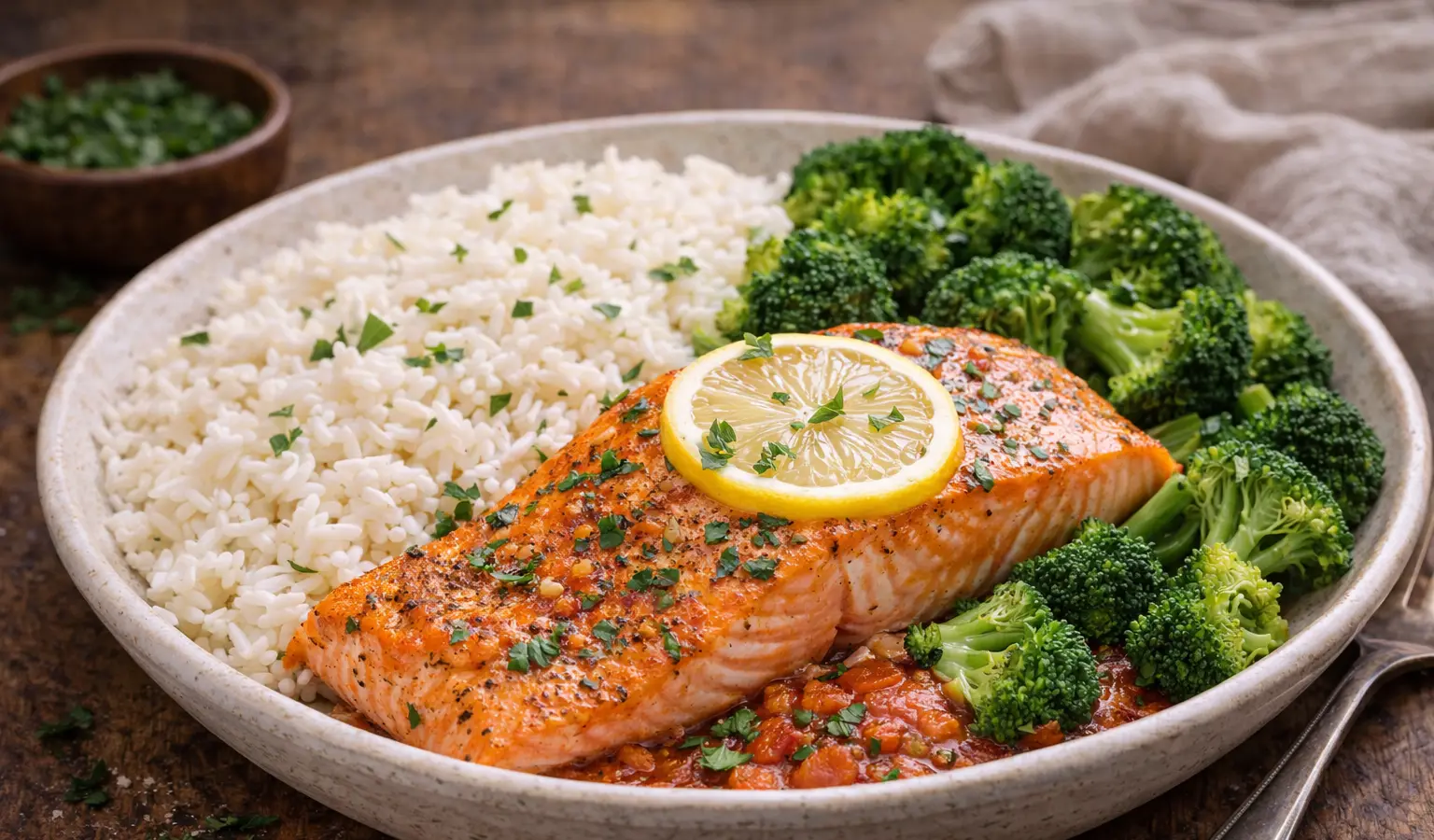 Łosoś pieczony z ryżem i brokułem