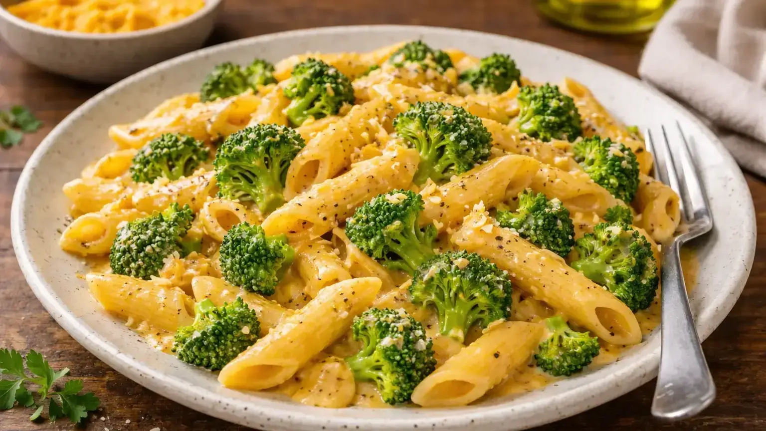 Makaron z brokułem i serem cheddar