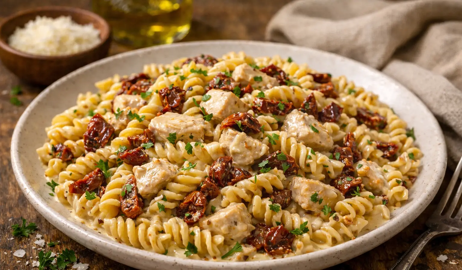 Makaron z indykiem i suszonymi pomidorami