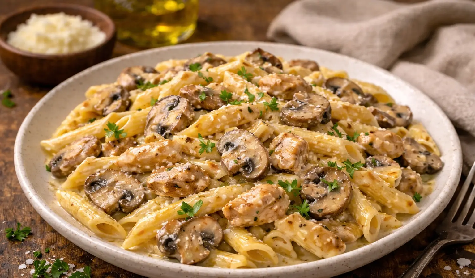 Makaron z kurczakiem i pieczarkami