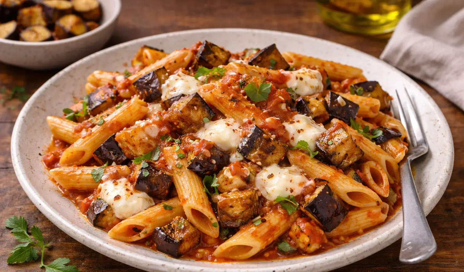 Makaron z mozzarellą i pieczonym bakłażanem
