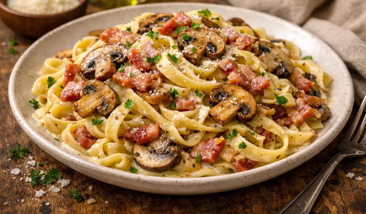 Makaron z pieczarkami i boczkiem