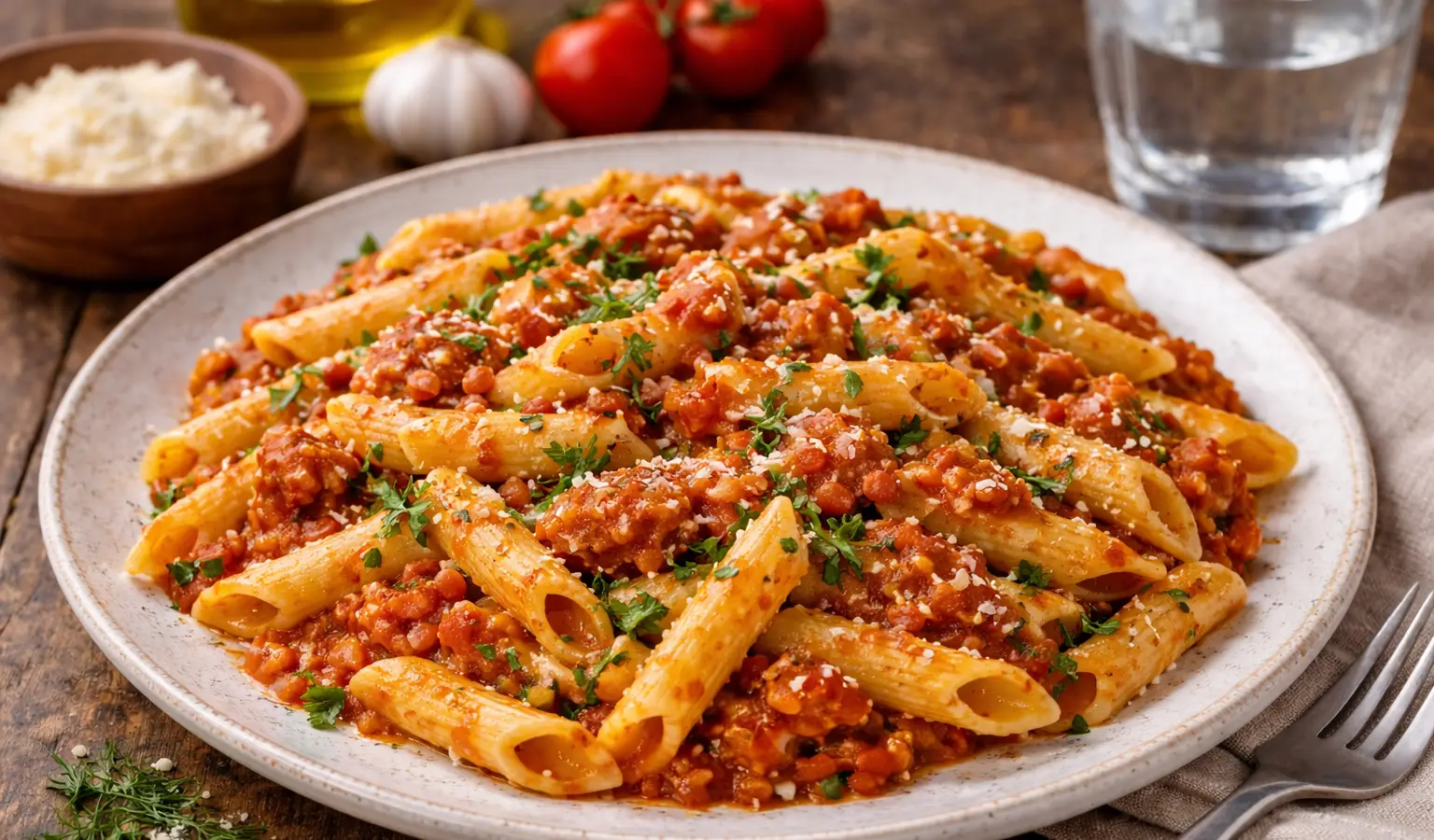 Makaron z soczewicą i pomidorami