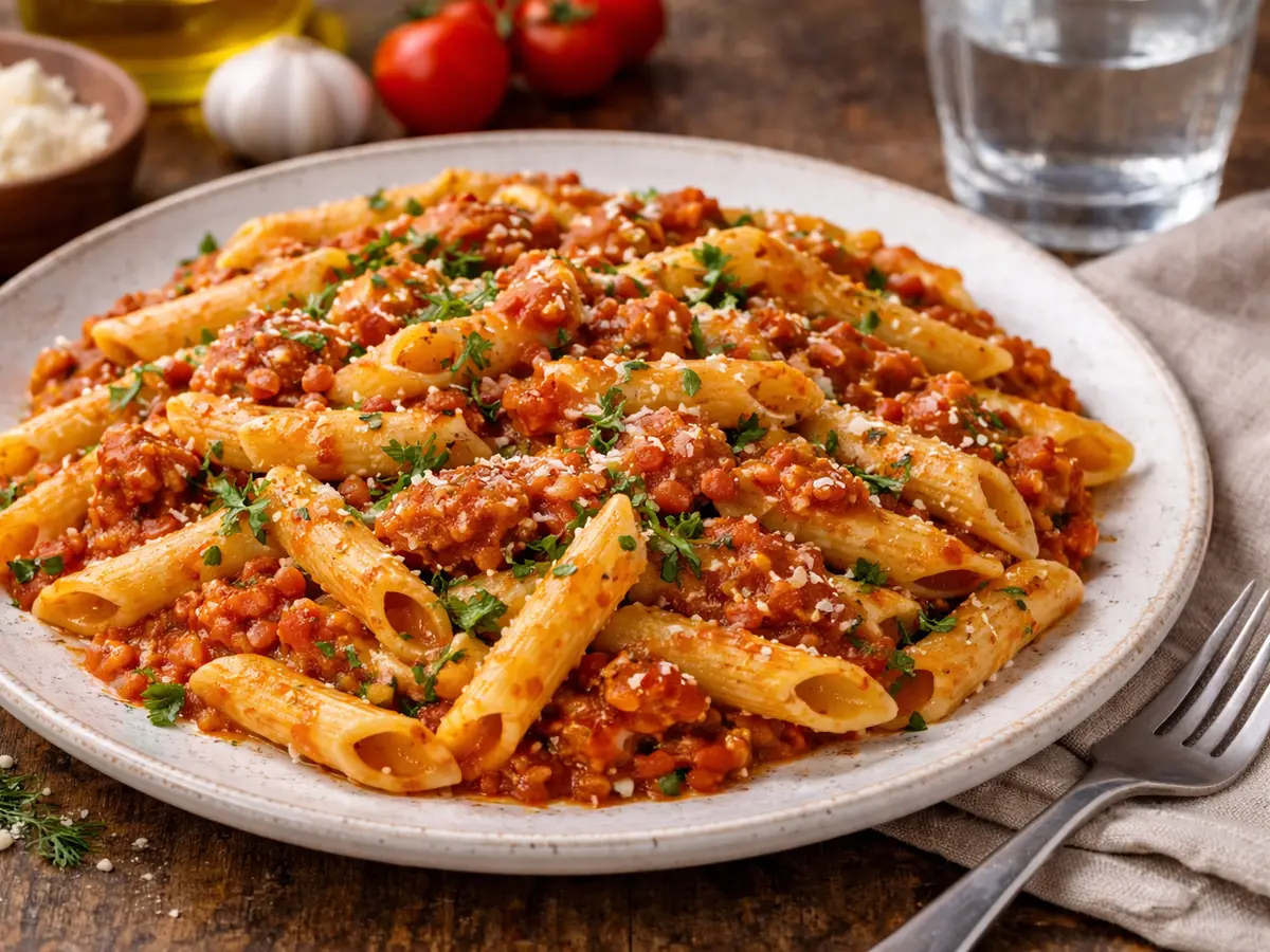 Makaron z soczewicą i pomidorami