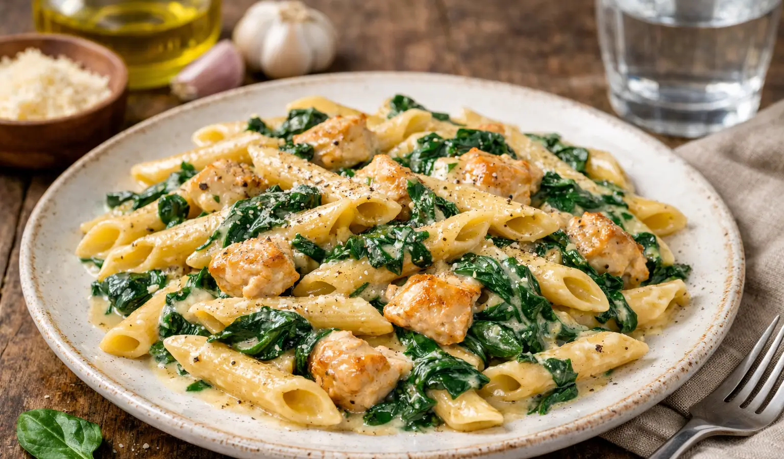 Makaron z kurczakiem i szpinakiem