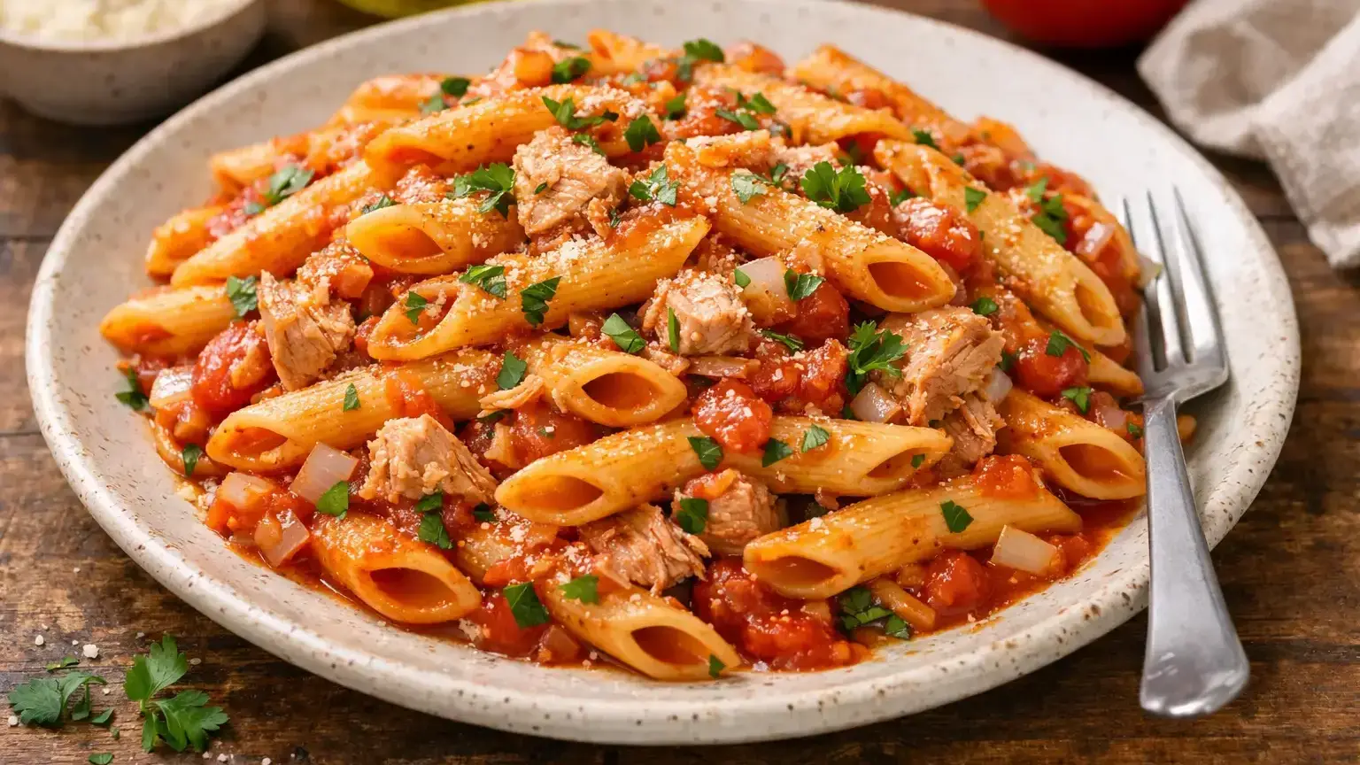 Makaron z tuńczykiem i pomidorami