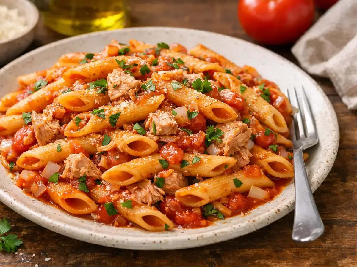 Makaron z tuńczykiem i pomidorami