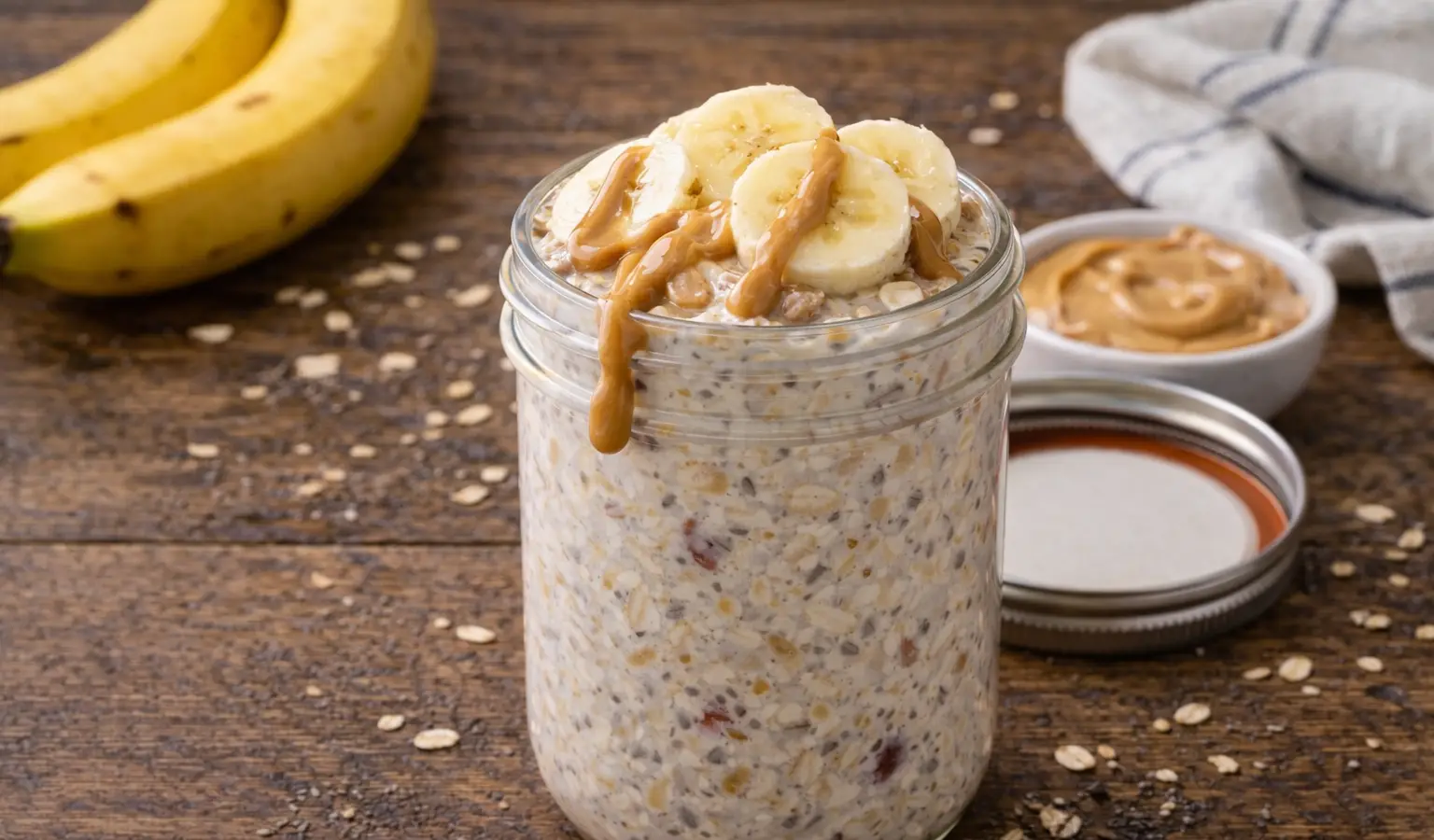 Nocna owsianka z masłem orzechowym i bananem