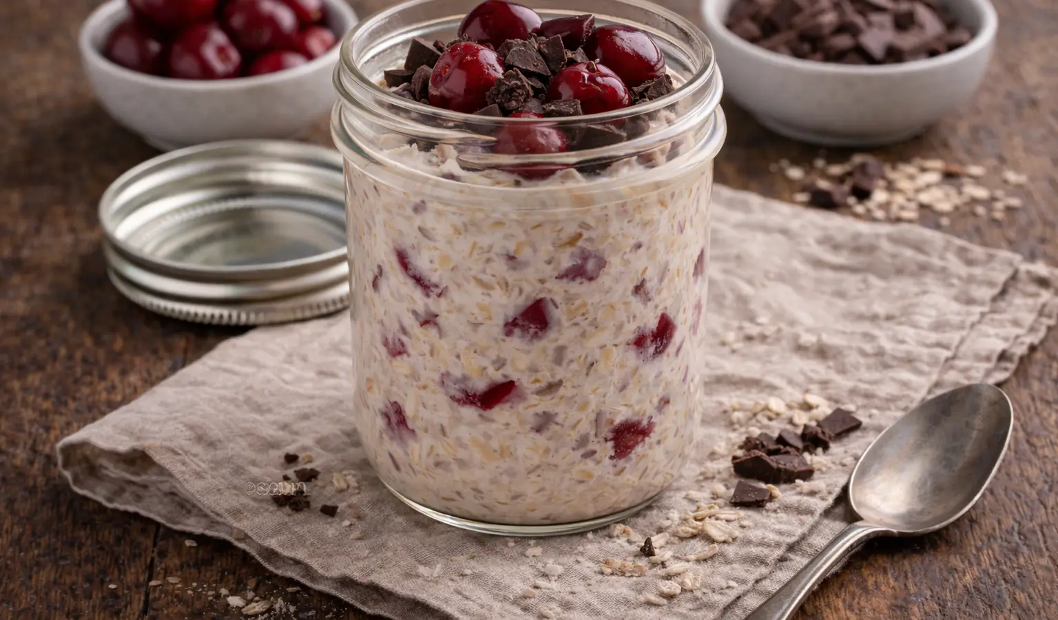 Nocna owsianka z wiśniami i czekoladą