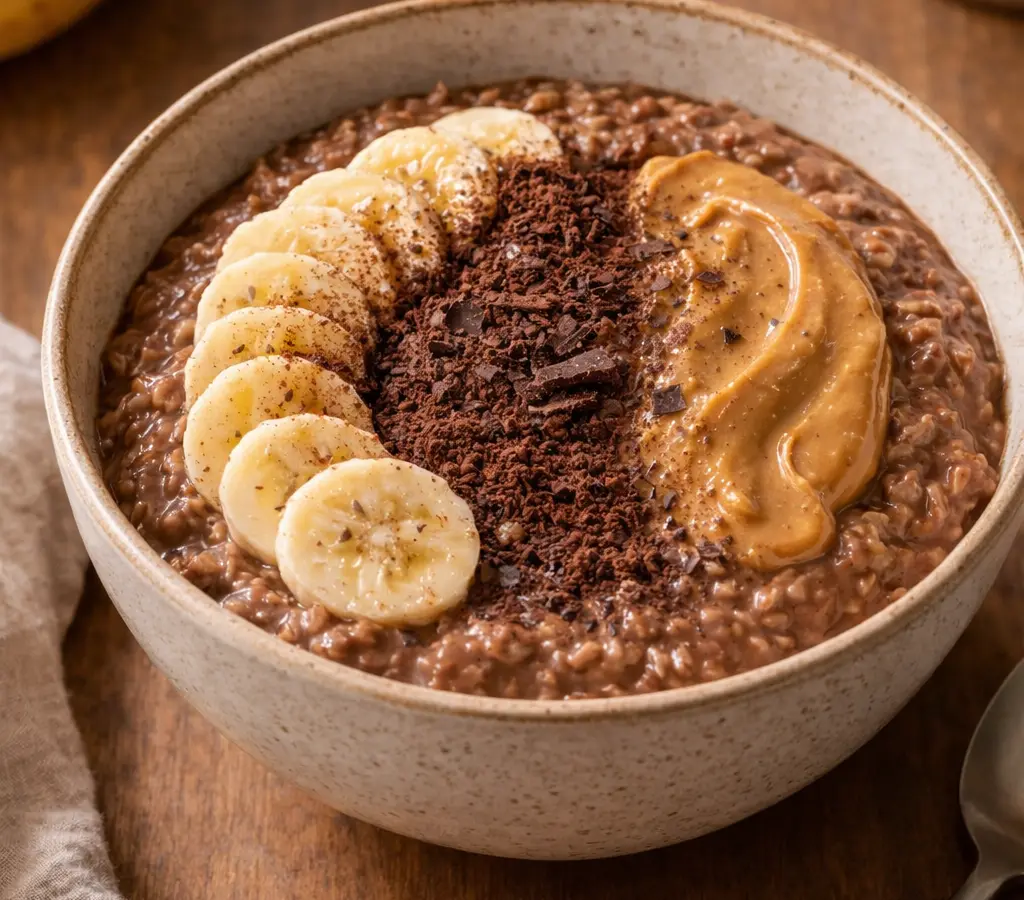 Owsianka z bananem, kakao i masłem orzechowym