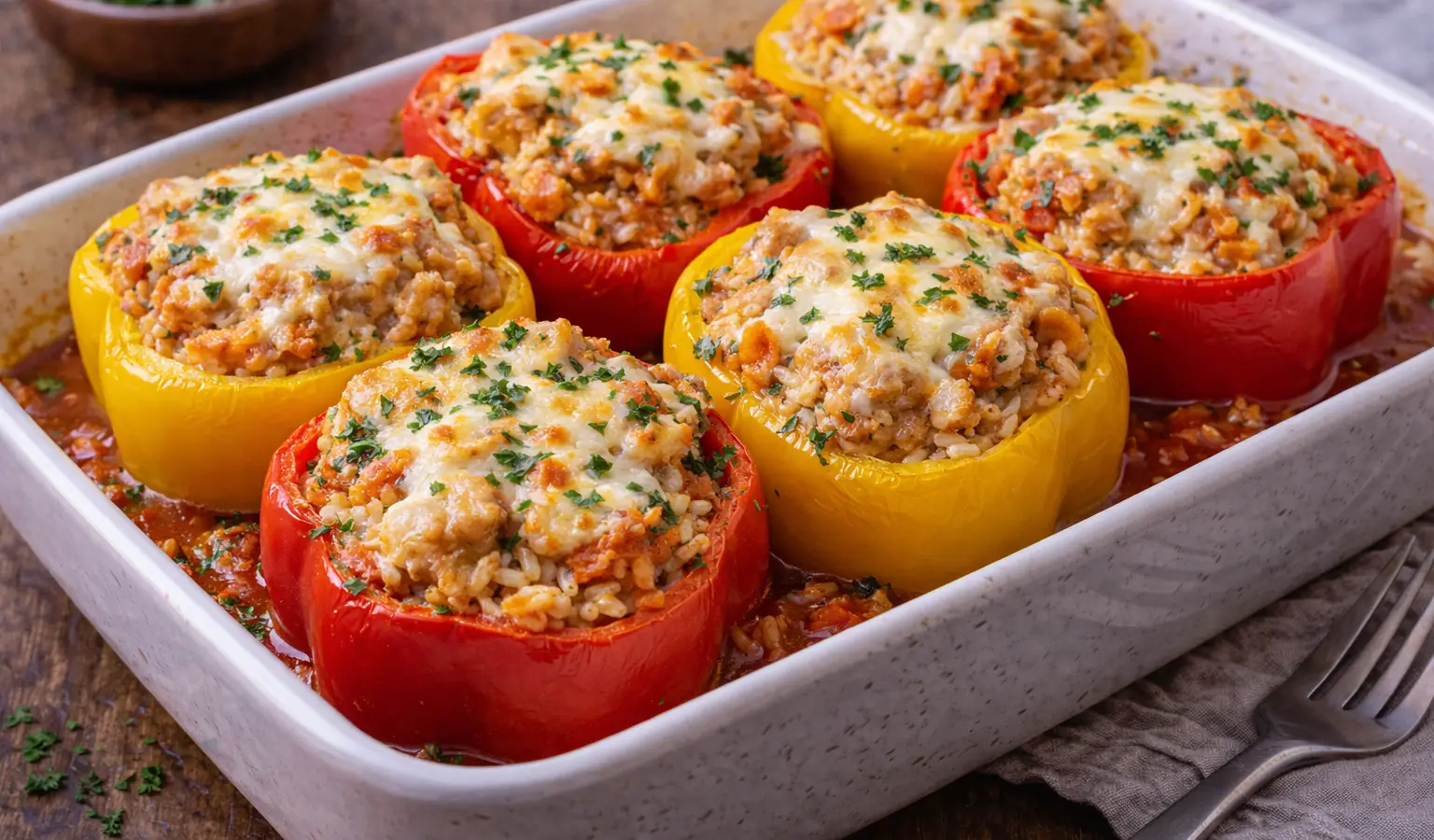 Papryki zapiekane z ryżem i indykiem