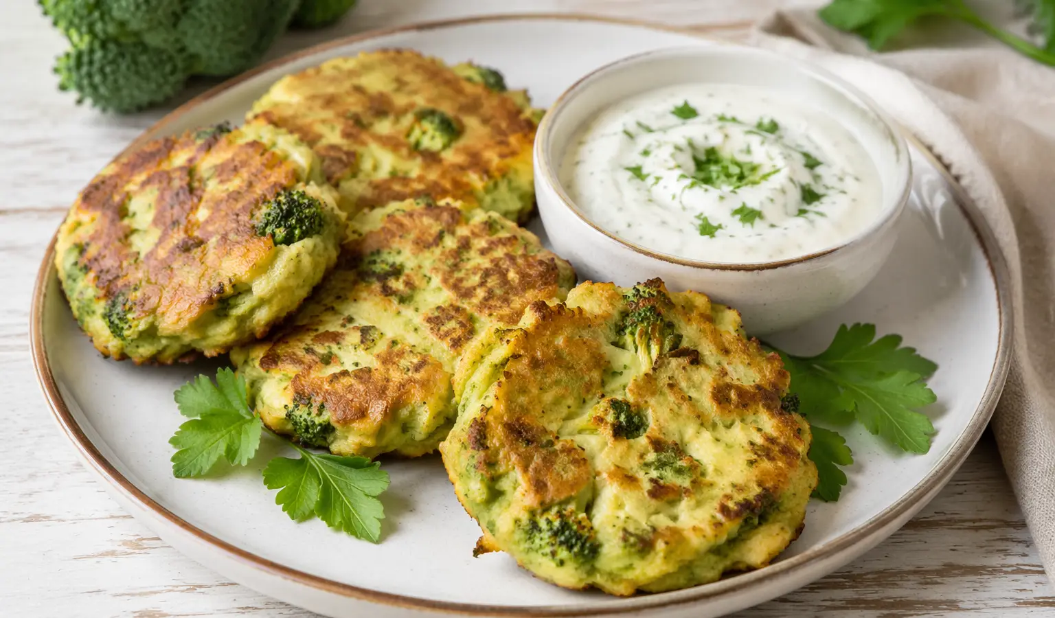 Placki z brokułu z dipem jogurtowym