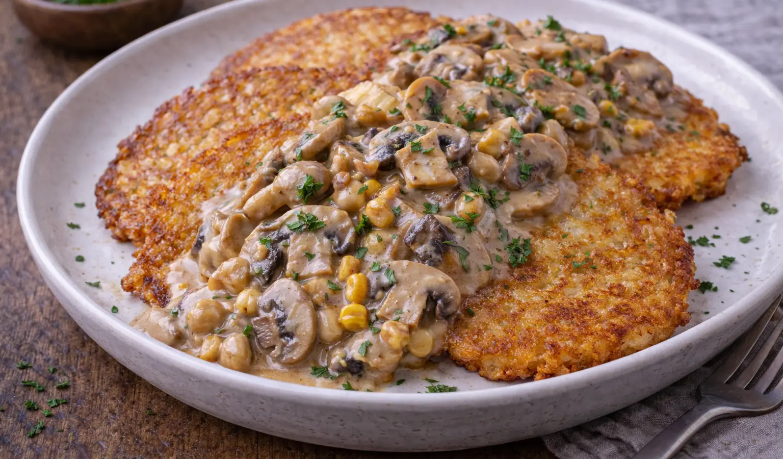 Placki ziemniaczane z gulaszem pieczarkowym