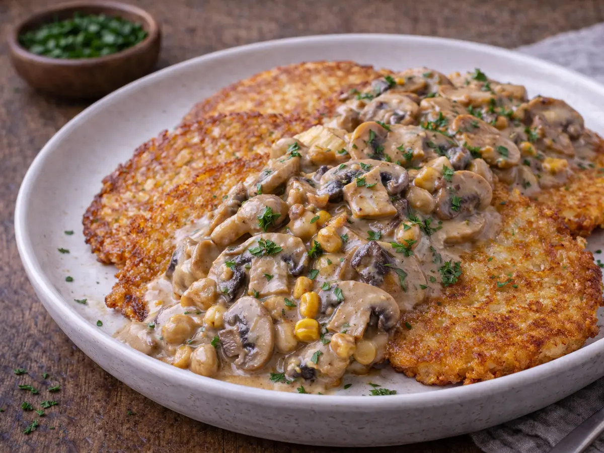 Placki ziemniaczane z gulaszem pieczarkowym